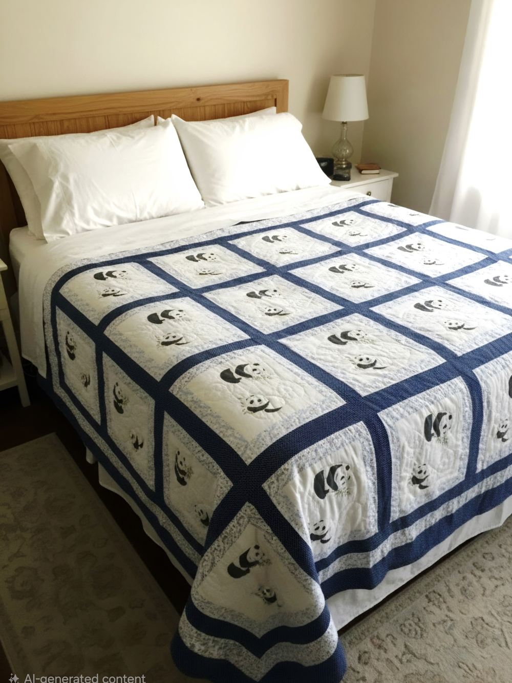 Vintage Handmade Panda Quilt 77"×76" White/ Black